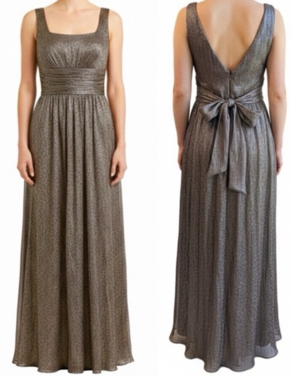 Spiegel 90s Y2K Silk Metallic Taupe Brown Square Neck Sleeveless Maxi Dress 6